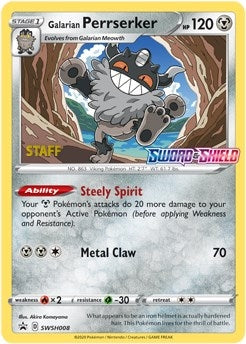 Galarian Perrserker - SWSH008 (Prerelease) [Staff] (SWSH: Sword & Shield Promo Cards) (SWSH008)