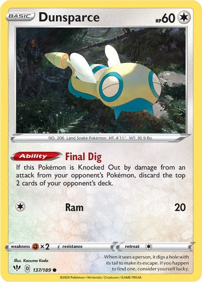 Image for Dunsparce (SWSH03: Darkness Ablaze) (137/189) - Pokemon