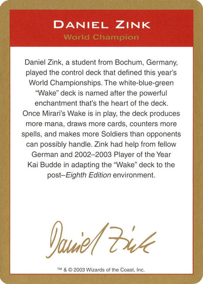 2003 Daniel Zink Biography Card (World Championship Decks)