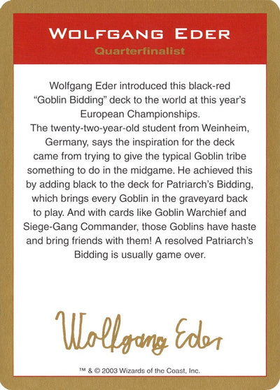 2003 Wolfgang Eder Biography Card (World Championship Decks)